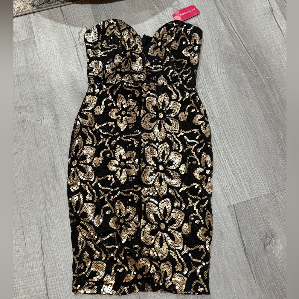Love Culture Strapless Black and Gold Dress